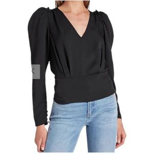 Express Womens Puff Sleeve V-neck Ruffle Shoulder Long Sleeve Top Black Size L